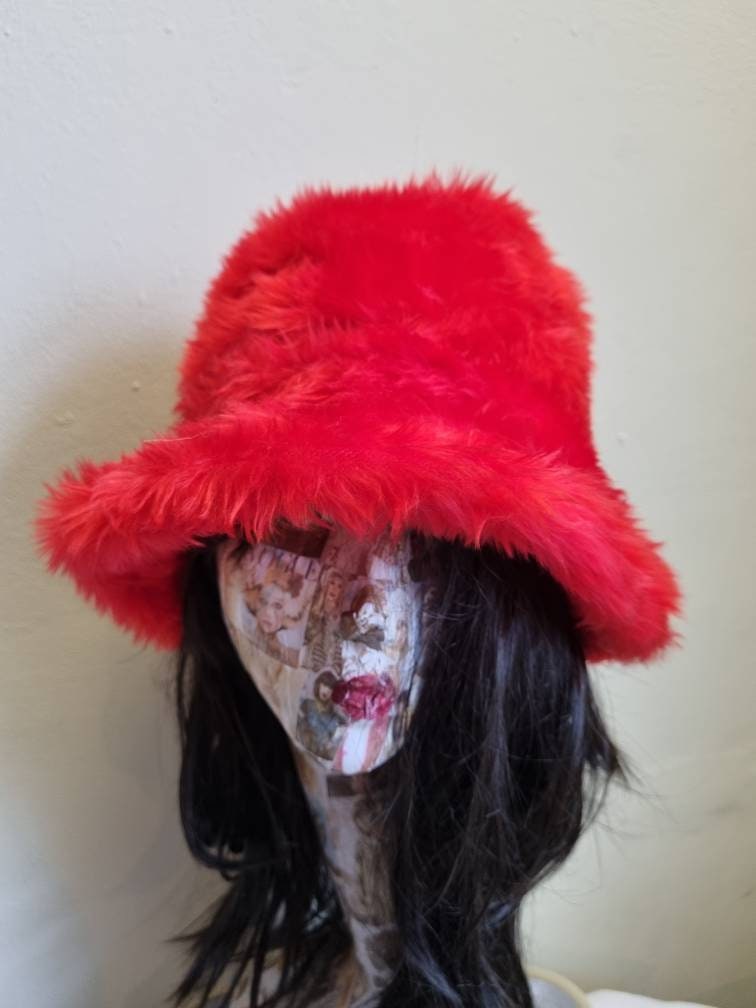 Red Fun Fur Faux Fur Bucket Hat-Festival Hat-Floppy Hat-Fur Red Fun Fur Faux Fur Bucket Hat-Festival Hat-Floppy Hat-Fur