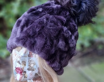 Violet Faux Fur Pom Pom Hat-Fully Lined with Polar Fleece-Pom Pom-Fake Fur Hat-Purple Fur-Ladies Winter Hat-Fleece Hat-Purple Pom Pom