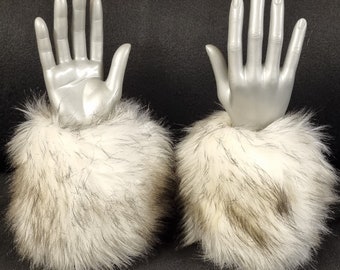 A Pair of Beautiful Fluffy White Black tips Faux Fur Cuffs -Lined and Elasticated at One End-Fluffy Cuffs-White Cuffs-Cruelty Free-Brown Fur
