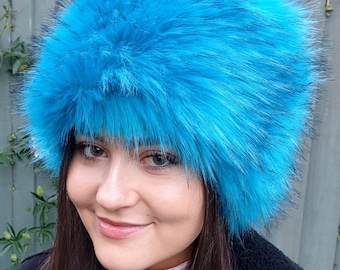 Aqua Blue Luxury Long Pile Faux Fur Hat- Polar Fleece Lining-Fur Hat-Fake Fur Hat-Winter Hat-Long Fur Hat-Cossack Hat-Blue Fur Hat