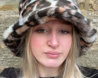 Leopard Print Fuzzy Bucket Hat-Festival Hat-Animal Print Faux Fur Hat-Fake Fur Hat-Rave Hat-Leopard Print Bucket Hat- Hat-vegan friendly-