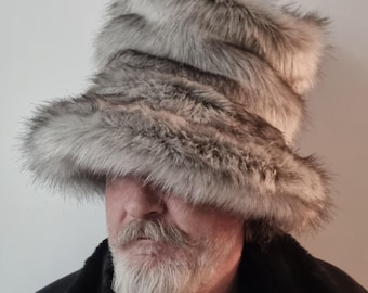 Tall Fluffy Grey Faux Fur Hat-JK Style Hat-Space Cowboy Style Hat-Fake Fur Grey Hat- Stovepipe Hat- Grey Fur Top Hat