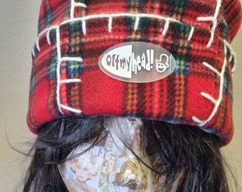 Original Off My Head Hat Tartan Fleece Hat with Blanket Stitch Detail Double Fleece- Fleece Pill Box Hat-Off My Head Hats- Tartan Hat-Fleece