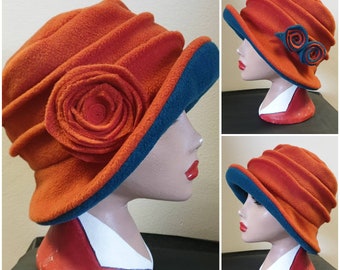 Burnt Orange/Teal Fleece Hat- Lined with Polar Fleece-Downton Abbey Hat-Womens Fleece Hat-Rust Fleece-Burnt Orange Fleece Hat-Orange Hat