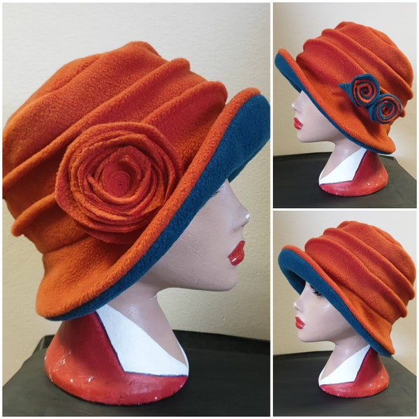 Burnt Orange/Teal Fleece Hat- Lined with Polar Fleece-Downton Abbey Hat-Womens Fleece Hat-Rust Fleece-Burnt Orange Fleece Hat-Orange Hat