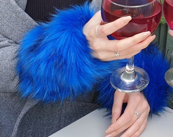 Royal Blue Fluffy Faux Fur Cuffs- Elasticated One End-Wrist Cuffs-Faux Fur Cuffs-Fluffy Cuffs-Fur Cuffs-Jacket Cuffs, Blue Fur