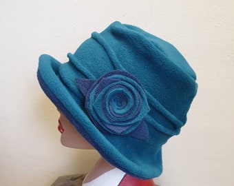 Teal Green Fleece Hat Lined with Polar Fleece-Downton Abbey Hat-Womens Fleece Hat-Womens Fleece-Green Fleece-Teal Fleece-Teal Hat-Green Hat