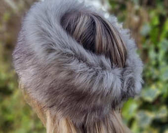 Grey Fox Brown Highlights Faux Fur Headband-Neckwarmer-Earwarmer-Head Wrap-Grey Fur Headband-Grey Faux Fox Fur- Grey Headband-Grey Headwrap
