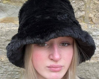 Short Black Fun Fur Bucket Hat-Festival Hat-Floppy Hat-Fur Hat-Fake Fur Hat-Rave Hat-Black Fur Hat- Black Fur Hat- Furry Bucket Hat