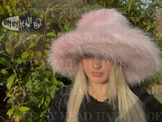 Extra Wide- Wire Brim Pale Pink Fuzzy Bucket Hat-pink Fur Hat-fake Extra Wide- Wire Brim Pale Pink Fuzzy Bucket Hat-pink Fur Hat-fake
