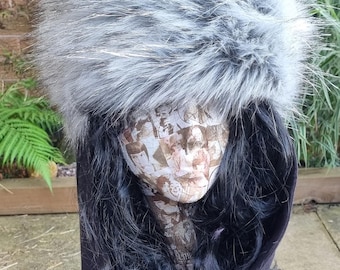 Frieda Scarf Hat-Silver Lurex Grey Faux Fur- Fleece Top and Long Fleece Sides- Silver Grey Hat-Ladies Winter Hat-Scarf Hat-Silver Fur