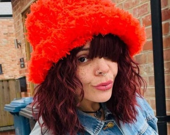 Curly Frills Orange Faux Fur Bucket Hat-Festival Hat-Floppy Hat-Fur Hat-Fake Fur Hat-Rave Hat-Orange Fur Hat- Orange Fur Hat-Bright Orange