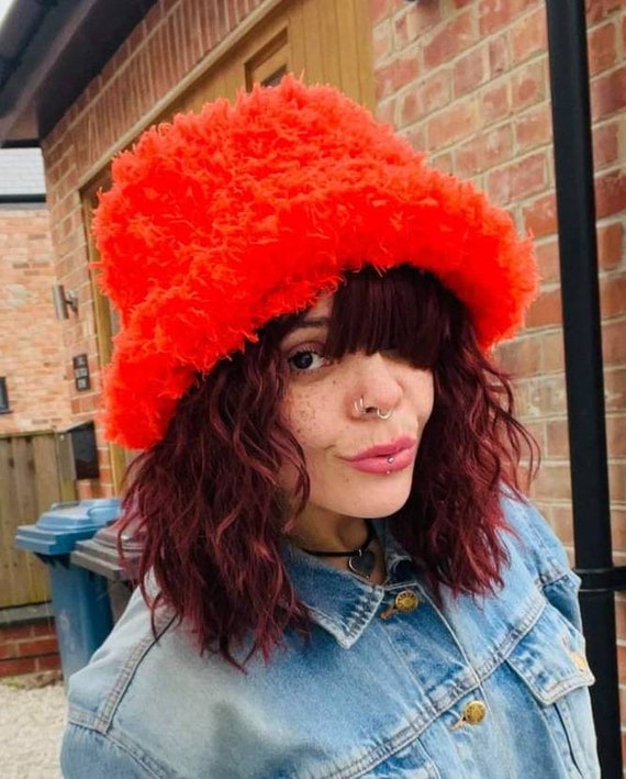 Curly Frills Orange Faux Fur Bucket Hat Festival Hat Floppy Hat