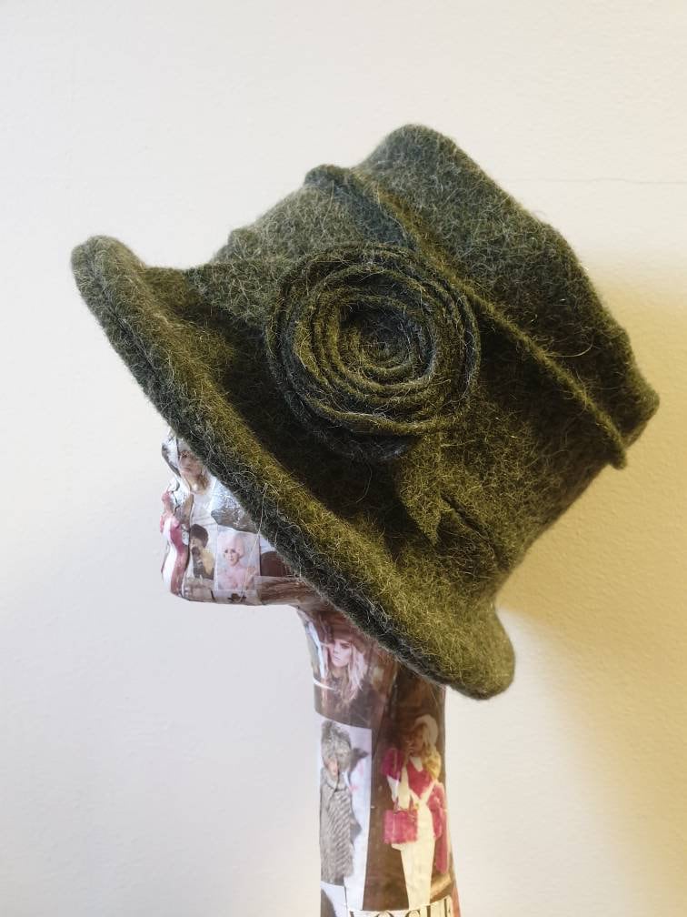 Fully Polar Fleece Lined Khaki Wool HatCloche Hat Wool HatDownton