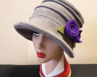 Light Grey Fleece Hat with Purple Flower-Polar Fleece Lining-Downton Abbey Hat-Cloche Hat-Womens Fleece Winter Hat-1930's-Ladies Winter Hat-