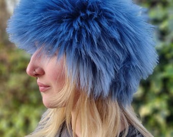 Dusky Blue Faux Fur Headband-Mega Fluffy- Neckwarmer- Earwarmer-Fur Headband-Blue Headband-Head Wrap-Fur Head Wrap-Cruelty Free-Vegan Fabric