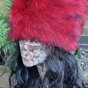 Vibrant Red/Black Luxury Faux Fur Hat with Polar Fleece Lining-Fur Hat-Fake Fur Hat-Winter Hat-Long Fur Hat-Red Fur Hat