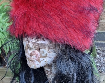 Vibrant Red/Black Luxury Faux Fur Hat with Polar Fleece Lining-Fur Hat-Fake Fur Hat-Winter Hat-Long Fur Hat-Red Fur Hat