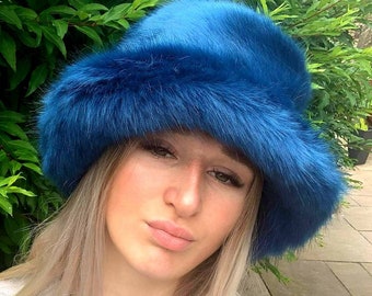 Stunning Super Luxury  Faux Fur Bucket Hat-Deep Blue-Fuzzy Bucket Hat-Festival Hat-Floppy Hat-Fur Hat-Fake Fur Hat-Rave Hat-Blue Bucket Hat