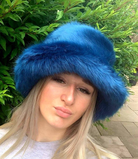 Stunning Super Luxury Faux Fur Bucket Hat-deep Blue-fuzzy 