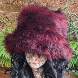 Deep Red Wine/Black Fur Bucket Hat-Red Fur-Fuzzy Bucket Hat-Festival Hat-Fur Hat-Fake Fur Hat-Cruelty Free-Red Bucket Hat-Wine Coloured Hat