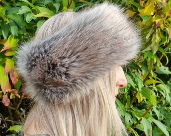 Grey With Brown Highlights Faux Fur Headband-Neckwarmer-Earwarmer-Head Wrap-Grey Fur Headband-Grey Fur