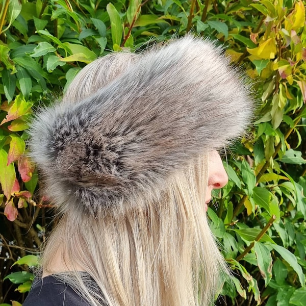 Grey With Brown Highlights Faux Fur Headband-Neckwarmer-Earwarmer-Head Wrap-Grey Fur Headband-Grey Fur