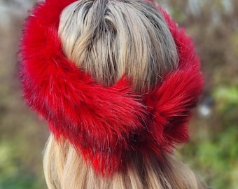 Vibrant Red/ Black Tips Luxury Faux Fur Headband-Neckwarmer-Earwarmer-Head Wrap-Fur Head Wrap-Handmade in Lancashire England