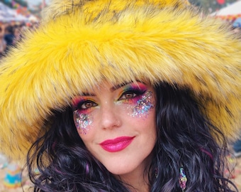 Canary Yellow-Extra Wide Wire Brim Fuzzy Bucket Hat Oversized-Blue Fur Hat-Fake Fur Hat-Rave Hat-Yellow Bucket Hat-Vegan friendly hat