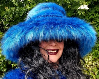 Royal Blue Black Tips Extra Wide Wire Brim Fuzzy Bucket Hat-Floppy Hat-Blue Fur Hat-Fake Fur Hat-Rave Hat-Blue Bucket Hat-Vegan friendly hat