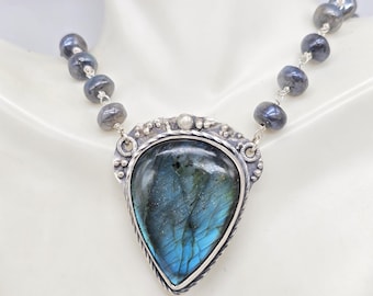 Northern Lights: Hand-Wrapped Labradorite Sterling Medallion Necklace 17 1/2-18 1/2inch