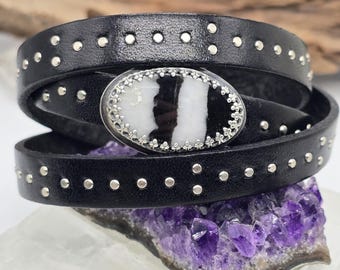 Outlaw Grace - White Buffalo Turquoise Leather Bracelet | Studded Black Leather Sterling Wrap