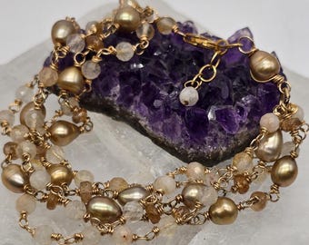 Champagne Grace-Citrine Bracelet – Five Strand 14K Gold Filled Wrap with Gold Freshwater Pearls | Handmade Jewelry