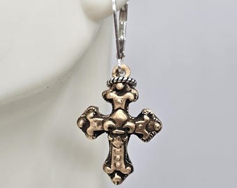 Fleur-de-Lis Cross Earrings – Bronze Charm on Sterling Silver Lever back | Catholic Faith Jewelry