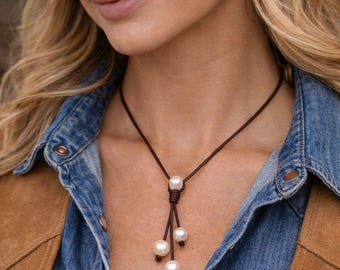 Four Pearl Leather Necklace – Minimalist Freshwater Pearl Necklace | Handmade Modern Jewelry