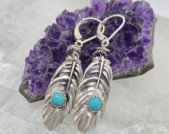 Sterling Silver Feather Earrings with Turquoise Accent | Western Lever back Earrings