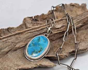 Copper Turquoise Necklace –  Sterling Silver Paperclip Chain