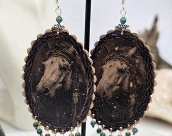 High Plains Horse Leather Earrings with Turquoise, Western Cowboy Jewelry