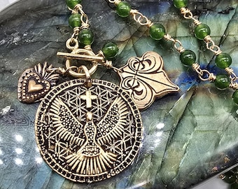 Holy Spirit Necklace – Bronze Dove Charm on Jade & Gold-Filled Chain | Handmade Faith Jewelry