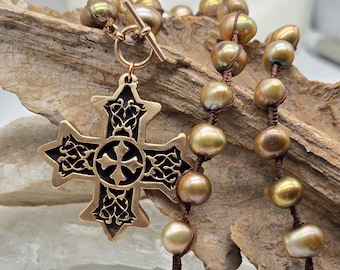 Woven Pearl Cross Necklace – Bronze Cross on Golden Pearls