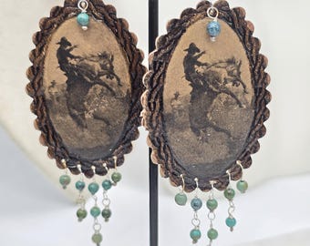 Bronco Rider Leather Earrings with Turquoise | Western Rodeo Earrings | Handmade Cowboy Jewelry