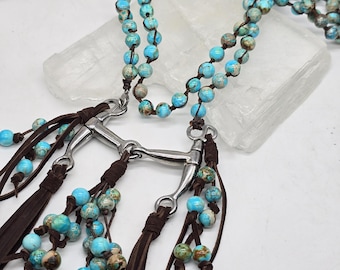 Snaffle Bit Necklace with Sea Sediment Turquoise Beads | Western Horse Jewelry
