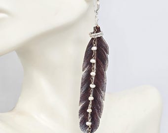 Grace in Flight: Leather Feather Pearl Earrings