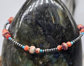 Minimal Spiny Oyster & Turquoise Navajo Pearl Bracelet – Handmade