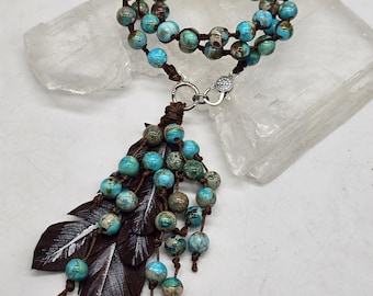 Hand Cut Leather Feather Necklace with Turquoise Beads | Western Boho Faith Jewelry