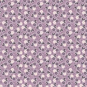 May include: A repeating pattern of small, stylized flowers in shades of purple, cream, and black. The flowers are clustered together, creating a dense, all-over floral design on a lavender background. The pattern is suitable for fabric or wallpaper.