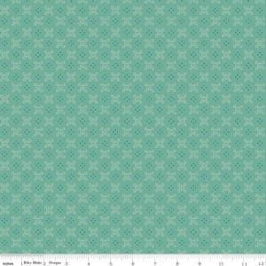 May include: A teal fabric with a white and teal geometric pattern. The pattern is a repeating design of small squares with a dot in the center.