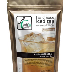 May include: A gold-colored pouch of SpecialTea Ashwagandha Chai Herbal Iced Tea. The label reads "handmade iced tea" and "premium loose leaf tea." The image shows a glass of iced tea with ice cubes. The pouch makes 1 gallon and weighs 1 oz (28g).