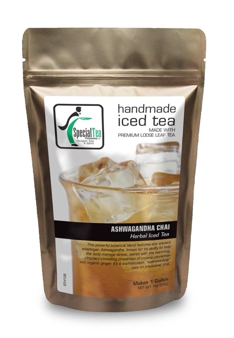 May include: A gold-colored pouch of SpecialTea Ashwagandha Chai Herbal Iced Tea. The label reads "handmade iced tea" and "premium loose leaf tea." The image shows a glass of iced tea with ice cubes. The pouch makes 1 gallon and weighs 1 oz (28g).
