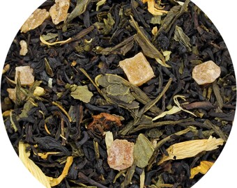 May include: A close-up of a blend of black and green tea leaves with pieces of dried fruit and flower petals.